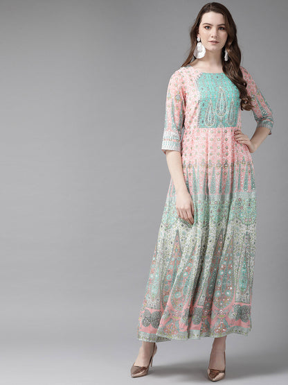 Juniper Womens Peach Georgette Foil Print Maxi Dress