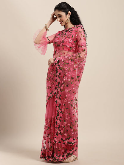 Tikhi Imli Pink & Green Beads and Stones Net Heavy Work Saree