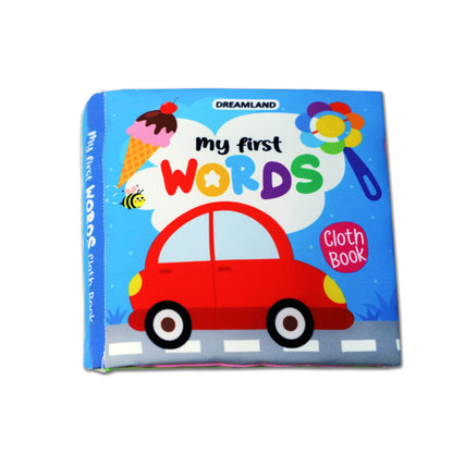 Dreamland Publications Baby My First Cloth Book First Words with Squeaker and Crinkle Paper, Non-Toxic Early Educational Toy for Toddler, Infants