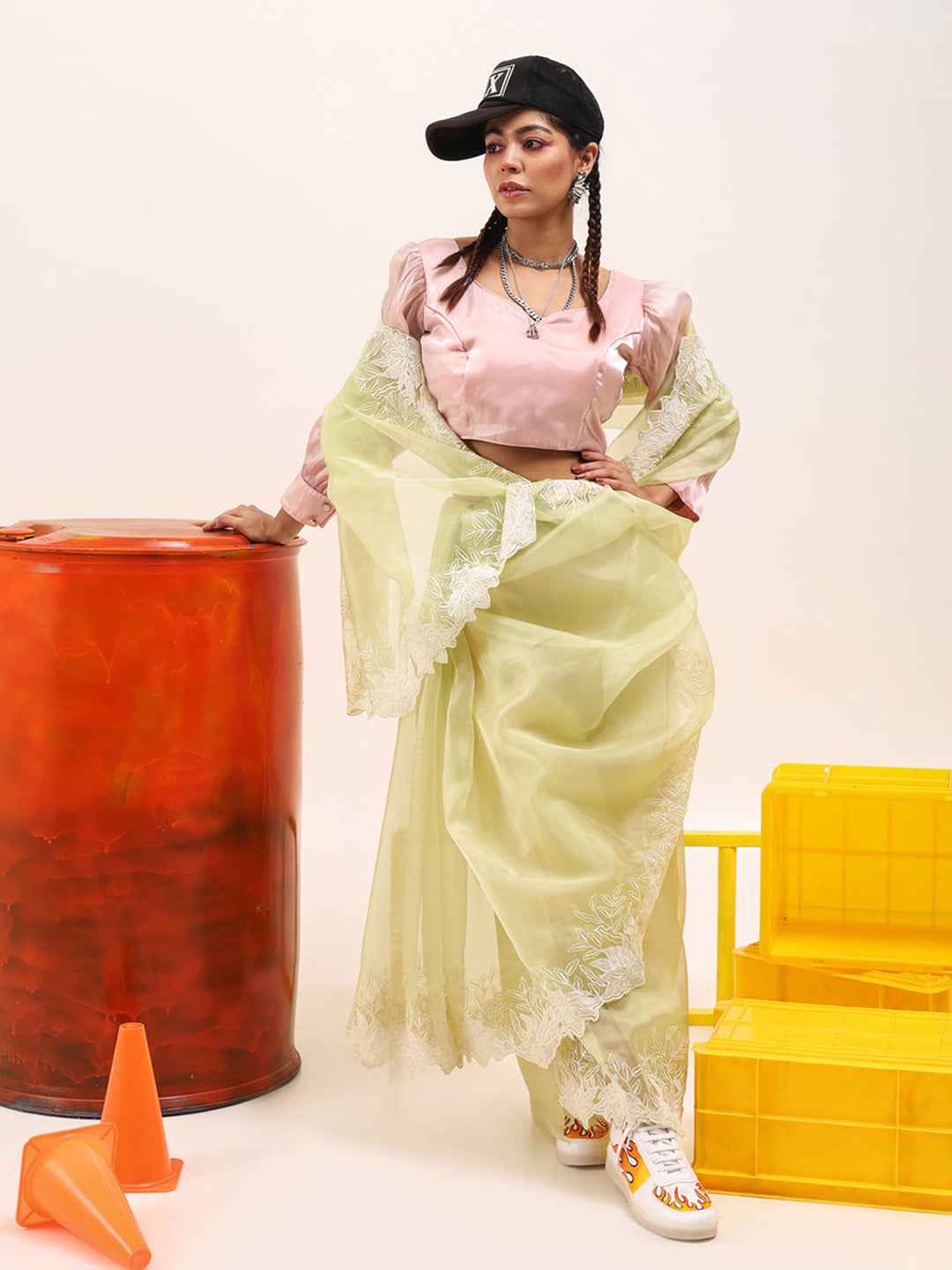 Tikhi Imli Green Floral Embroidered Organza Saree