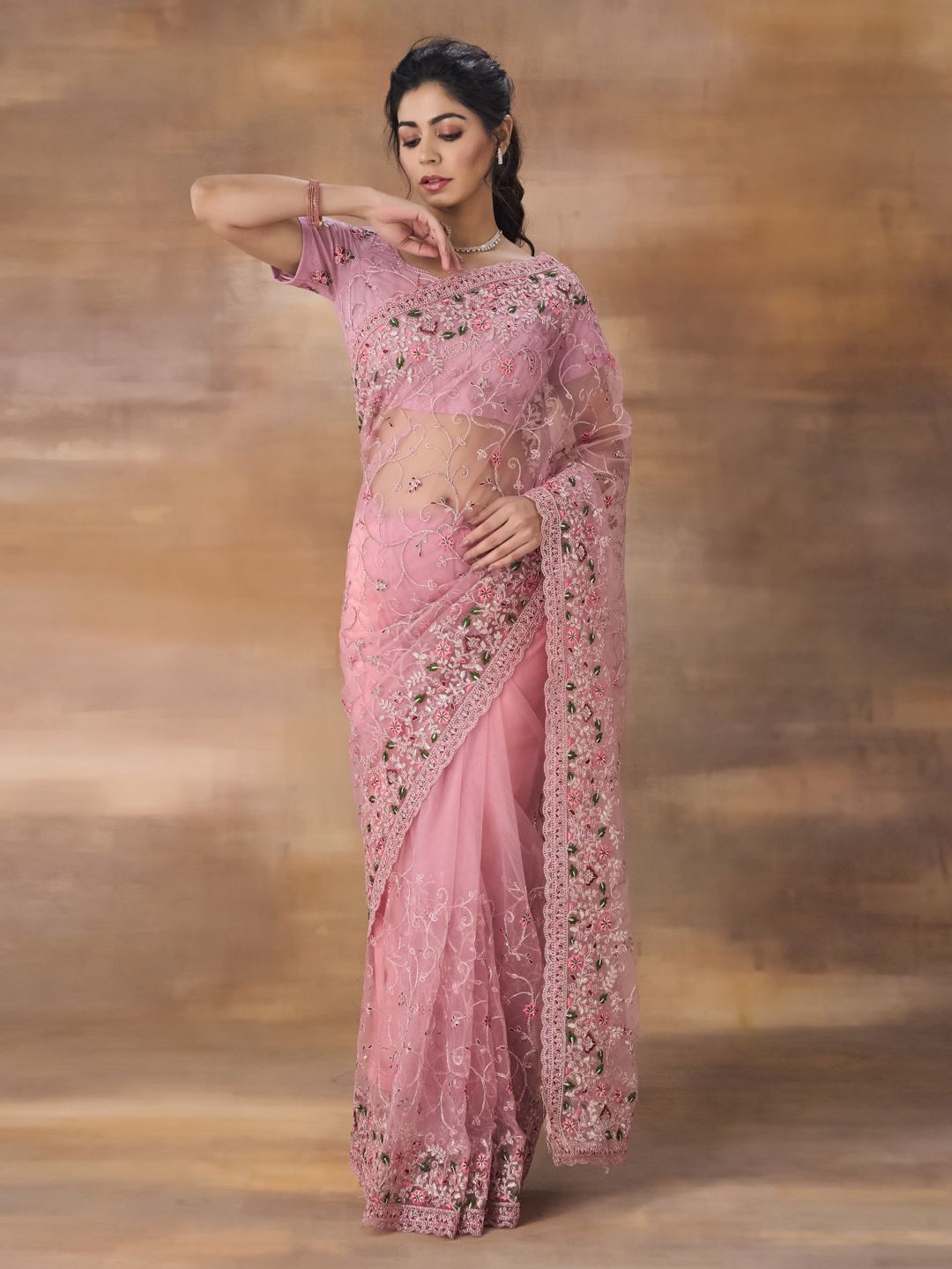 kasee Floral Embroidered Net Saree With Blouse Piece