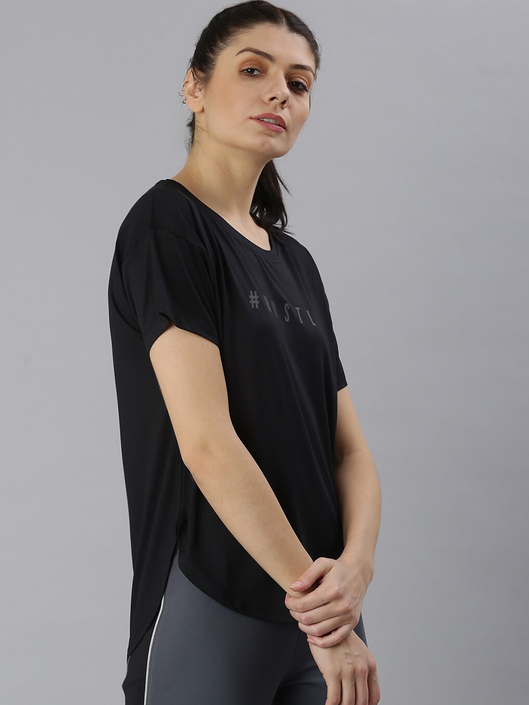 MKH Women Black Typography Printed Dri-FIT Sports T-shirt