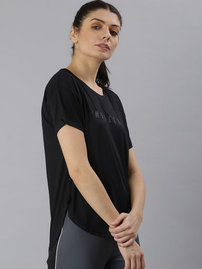 MKH Women Black Typography Printed Dri-FIT Sports T-shirt