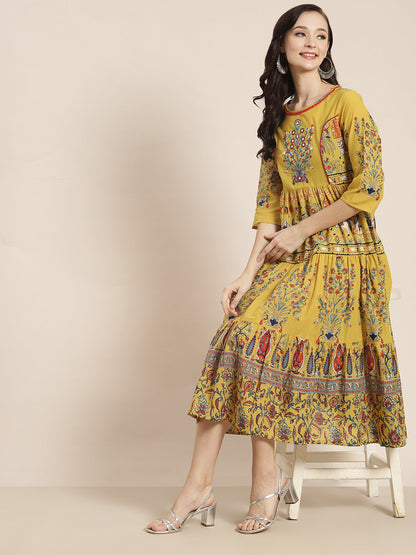Juniper Women Mustard Cambric Printed Tiered Dress