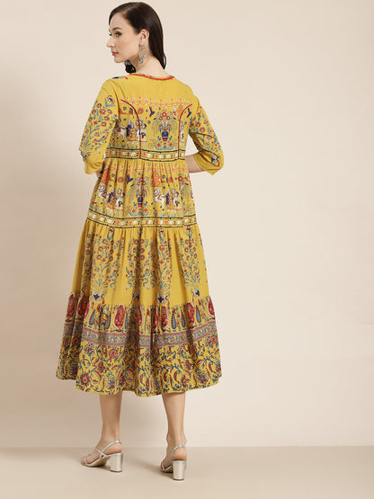 Juniper Women Mustard Cambric Printed Tiered Dress