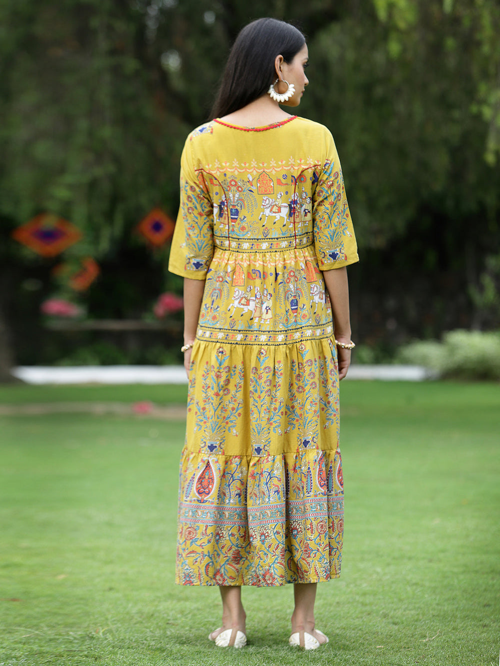 Juniper Women's Mustard Cambric Printed Tiered Dress