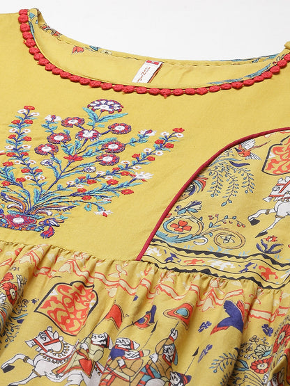 Juniper Women Mustard Cambric Printed Tiered Dress