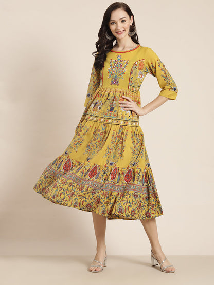 Juniper Women Mustard Cambric Printed Tiered Dress