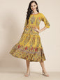Juniper Women Mustard Cambric Printed Tiered Dress