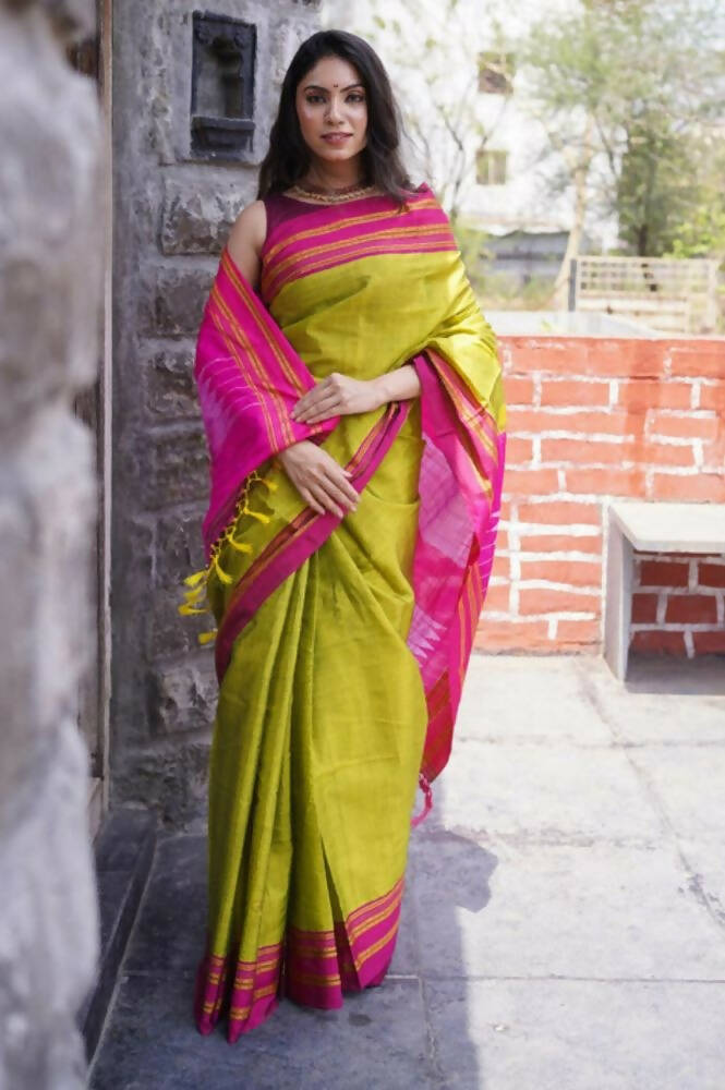 Very Much Indian Handloom Cotton Viscose Ilkal Saree - Bright Green