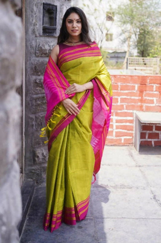 Very Much Indian Handloom Cotton Viscose Ilkal Saree - Bright Green