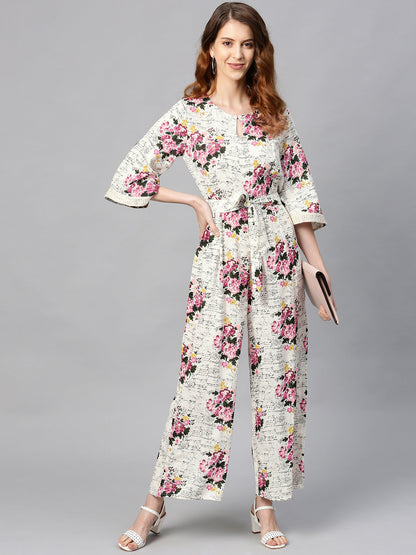 Juniper Women Offwhite Rayon Slub Printed Regular Jumpsuit