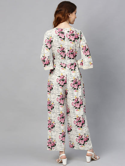 Juniper Women Offwhite Rayon Slub Printed Regular Jumpsuit