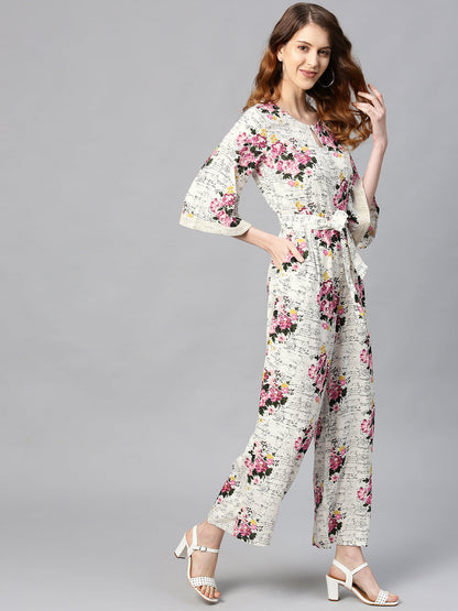 Juniper Women Offwhite Rayon Slub Printed Regular Jumpsuit