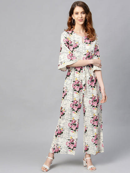 Juniper Women Offwhite Rayon Slub Printed Regular Jumpsuit