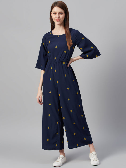 Juniper Women Darkblue Micro Poly Embroidered Regular Jumpsuit