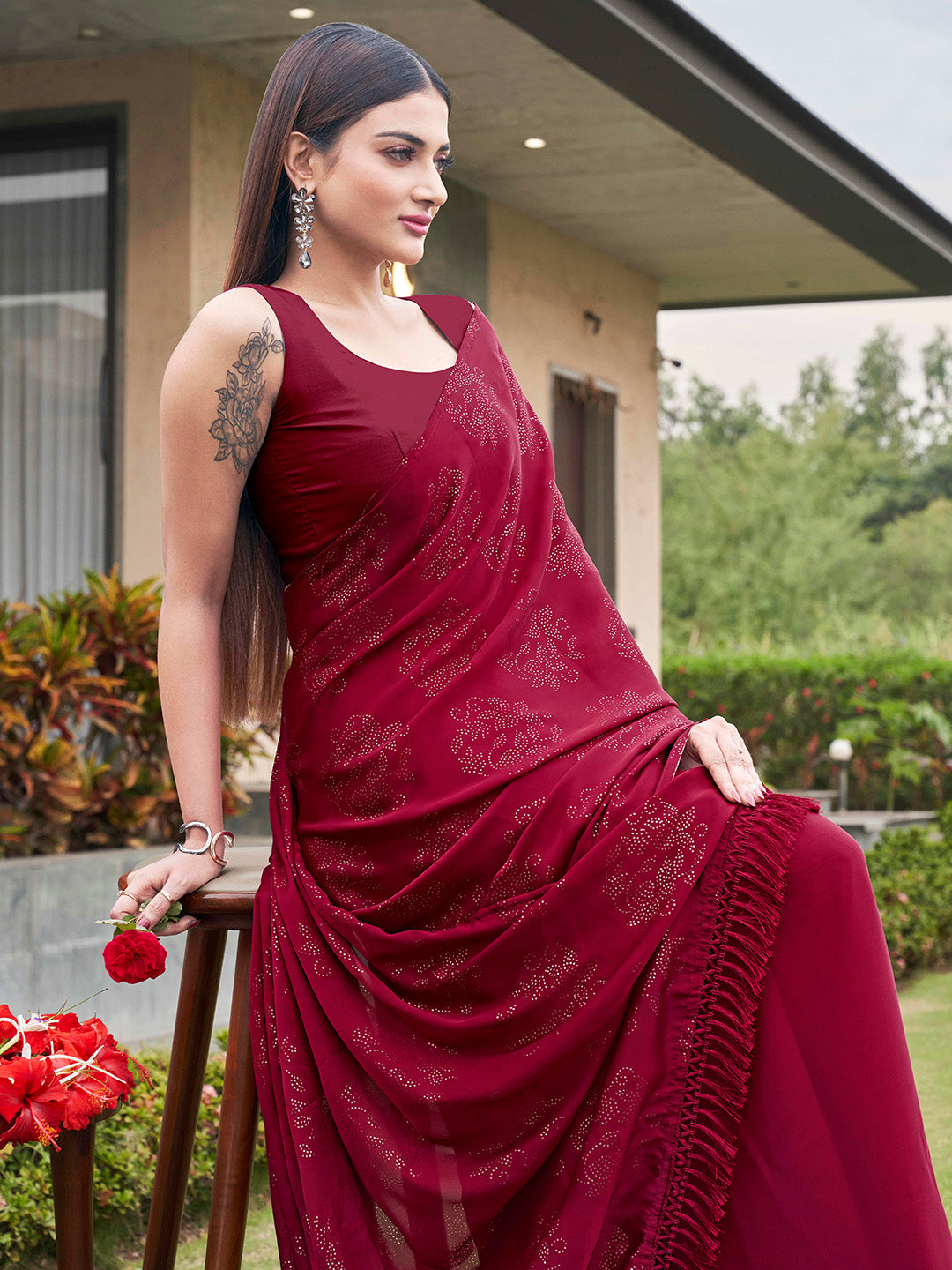 Tikhi Imli Embellished Half and half Satin Saree With Tassels