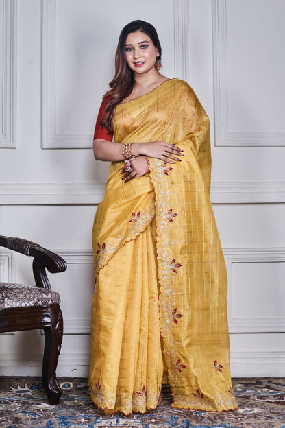 Morchari Yellow Kota Check Zari Embroidery Saree Unstitched Blouse