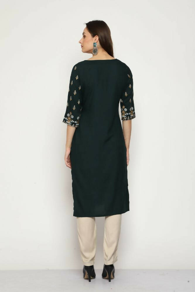 Maai Rayon Hand Printed Kurta Green
