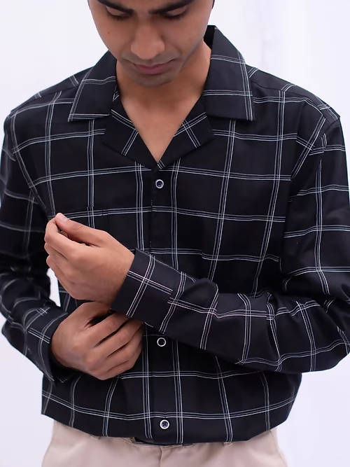 Diva Globe Cotton Black Checkard Lapel Collar Shirt
