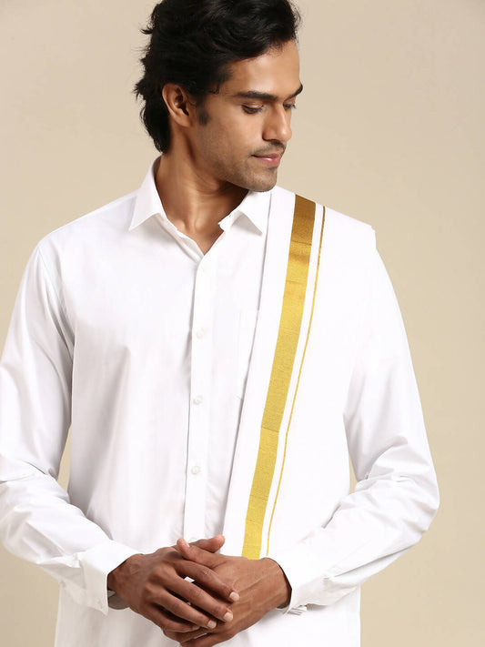 Ramraj Cotton Mens Wedding Set White Regular Dhoti, Shirt & Towel