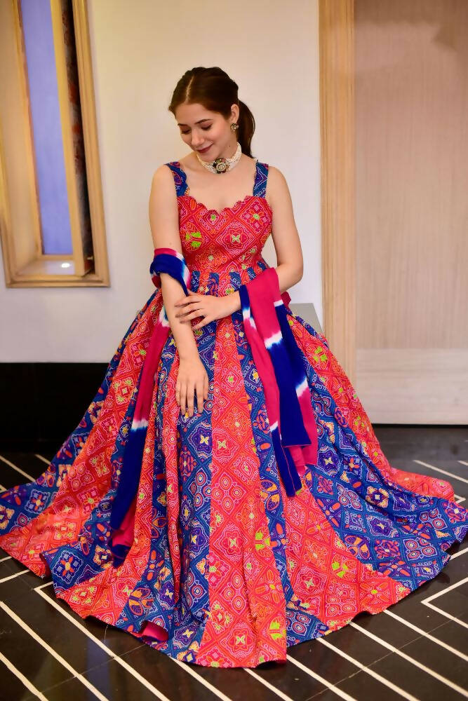 Everywhere Designer Blue & Red Silk Cotton Stitched Suit With Dupatta - Anbazaar