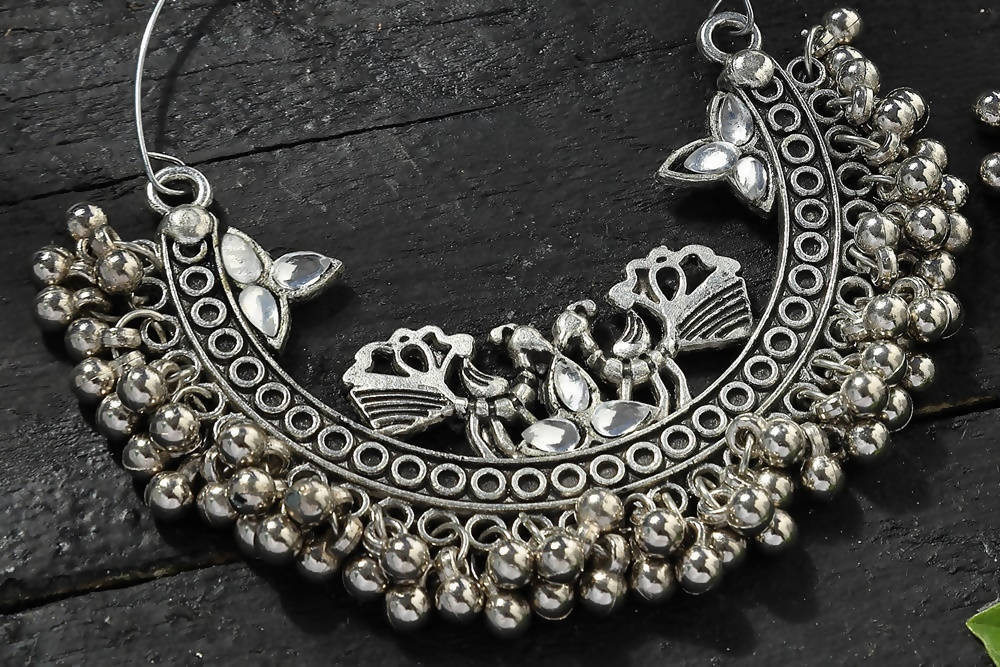 Mominos Fashion Johar Kamal Silver Peacock Design Chandbali Earrings