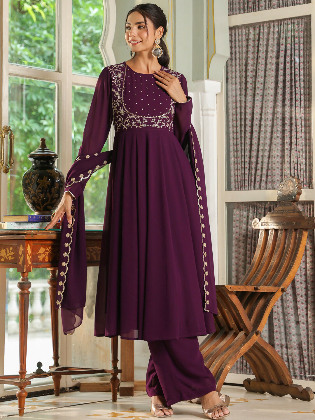 Janasya Purple Georgette Embroidered Kurta,Bottom & Dupatta