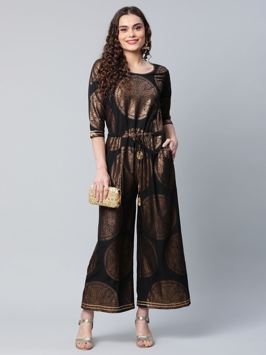 Ahalyaa Black Crepe Copper Foil Printed Jumpsuit