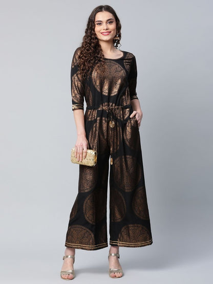 Ahalyaa Black Crepe Copper Foil Printed Jumpsuit