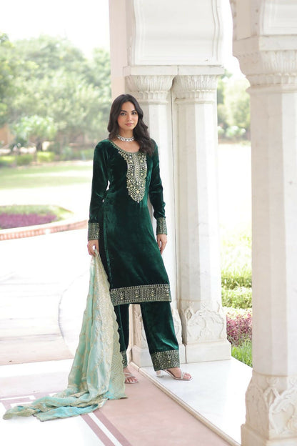 Vastranavya Green Velvet With Rich Sequins & Zari Embroidered Work Top-Bottom With Dupatta