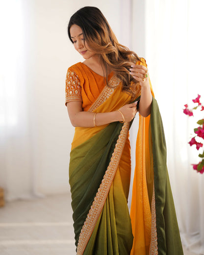 Exclusive Collection Yellow Green Party Wear Chinon Salk Saree