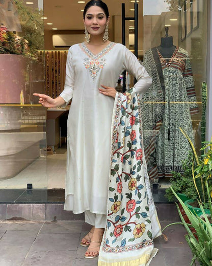 The52 Off White Women's Gorgeous Embroidered Viscose Chanderi Fabric Straight Kurta Pant with Dupatta Set