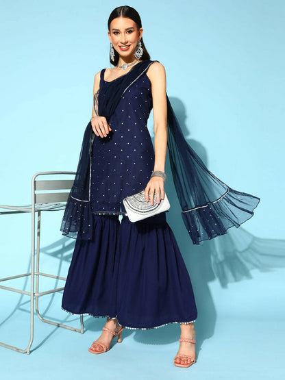 Ahalyaa Women Navy Blue Colour Crepe Foil Printed Kurta Sharara Set With Dupatta