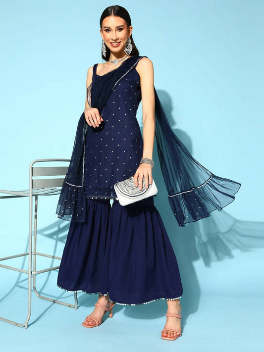 Ahalyaa Women Navy Blue Colour Crepe Foil Printed Kurta Sharara Set With Dupatta