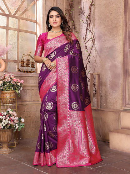 Joban Fashion Purple Banarasi Soft Silk Woven Saree
