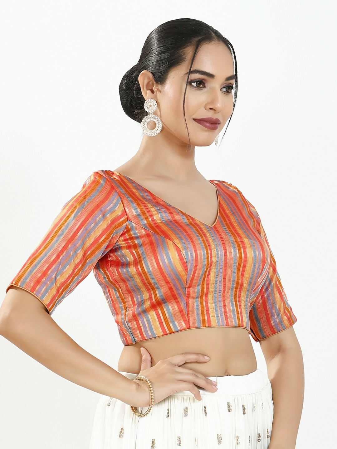 Joban Fashion Orange Multi Brocade Padded Blouse With V Neck Elbow Sleeves
