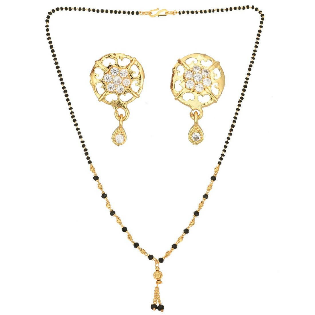AanyaCentric Gold-Polished Short Mangalsutra Set with Earrings