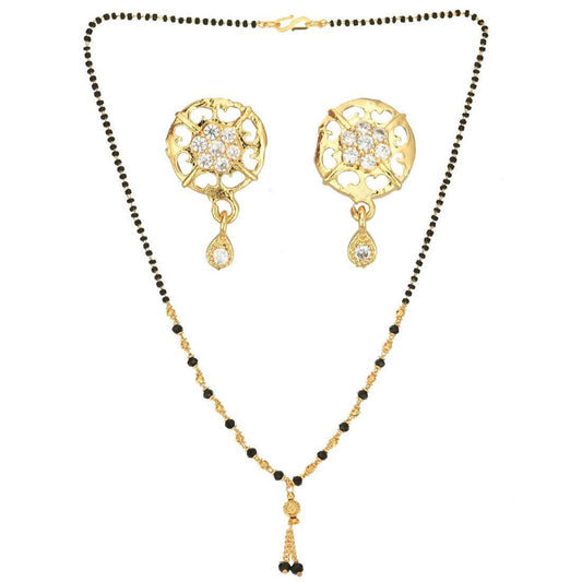AanyaCentric Gold-Polished Short Mangalsutra Set with Earrings