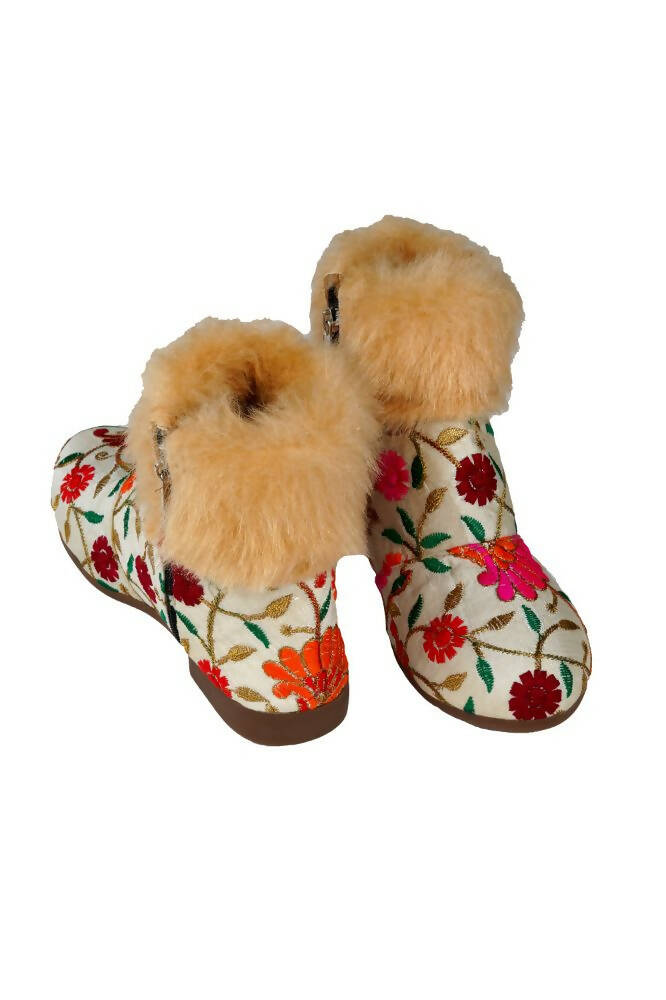 Tiny Bugs Girls Embroidered Anckle Ethnic Boots-Beige