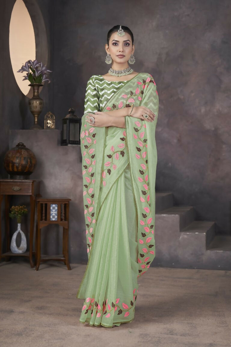 Vastranavya Green Soft Crush Georgette Thread Embroidery work of Leaf Pattern with Patched Lace Border Saree