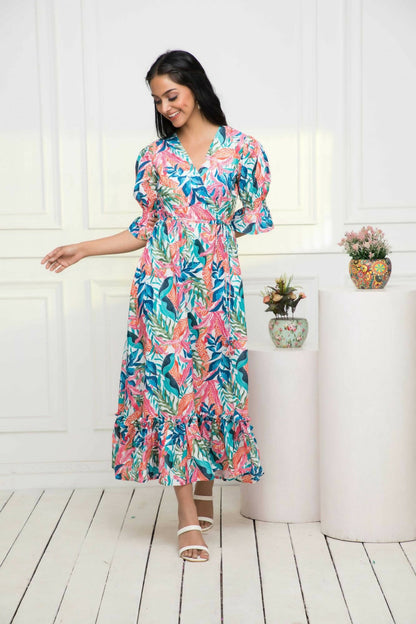 Myshka Women Multi Floral Polyester A-Line V-Neck Dress