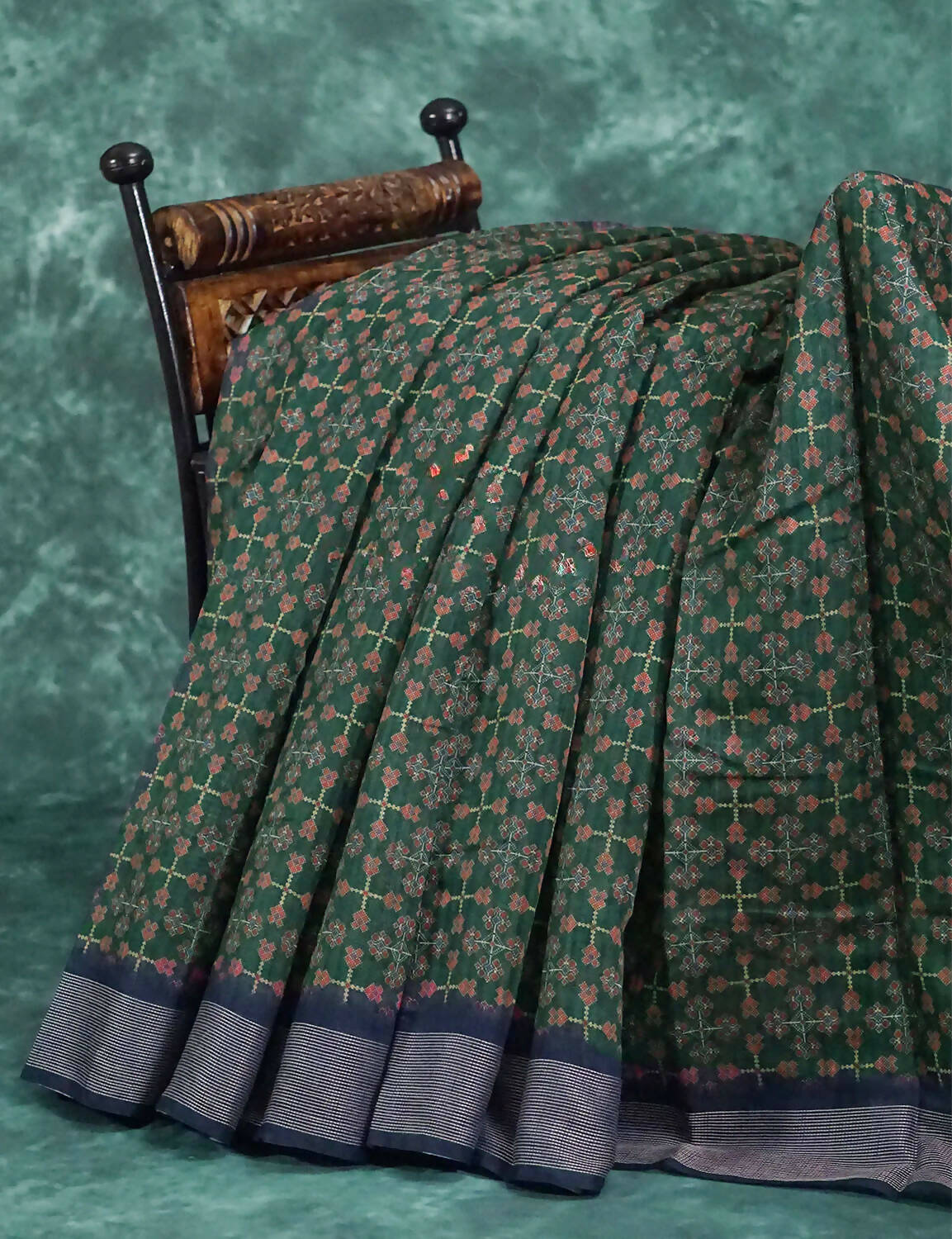 Dark Green and Navy Blue Geometrical Print Semi Chanderi Saree By Gayathri Reddy Designer Studio