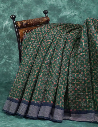 Dark Green and Navy Blue Geometrical Print Semi Chanderi Saree By Gayathri Reddy Designer Studio