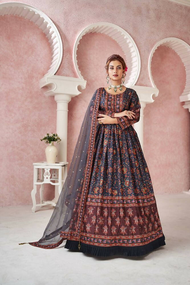 Everywhere Designer Navy Blue Dola Silk Gown With Dupatta - Anbazaar