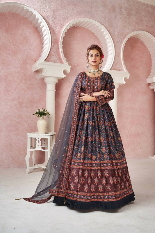 Everywhere Designer Navy Blue Dola Silk Gown With Dupatta - Anbazaar