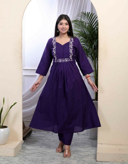 Miravan Women's Purple Embroidered Sweetheart Neck & Accordion Pleated Solid A-Line Kurta And Palazzo Set