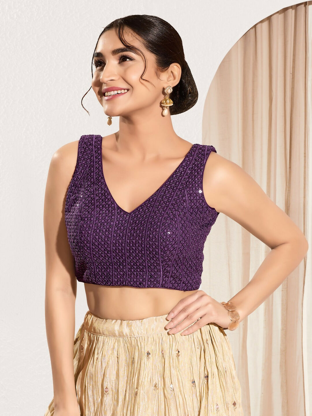 Joban Fashion Wine Sequence Padded Blouse With V Neck Sleeveless