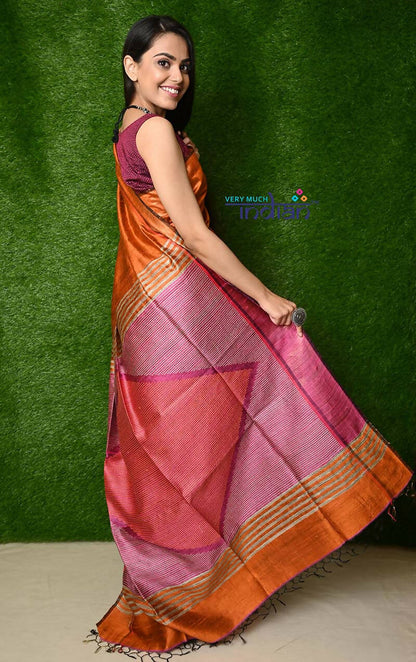 Very Much Indian Handwoven Raw Silk Dupion Saree - Orange With Pink Pallu