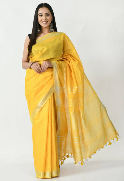 Mominos Fashion Moeza Yellow Bhagalpuri Handloom Silk Linen Saree with unstitched Blouse piece